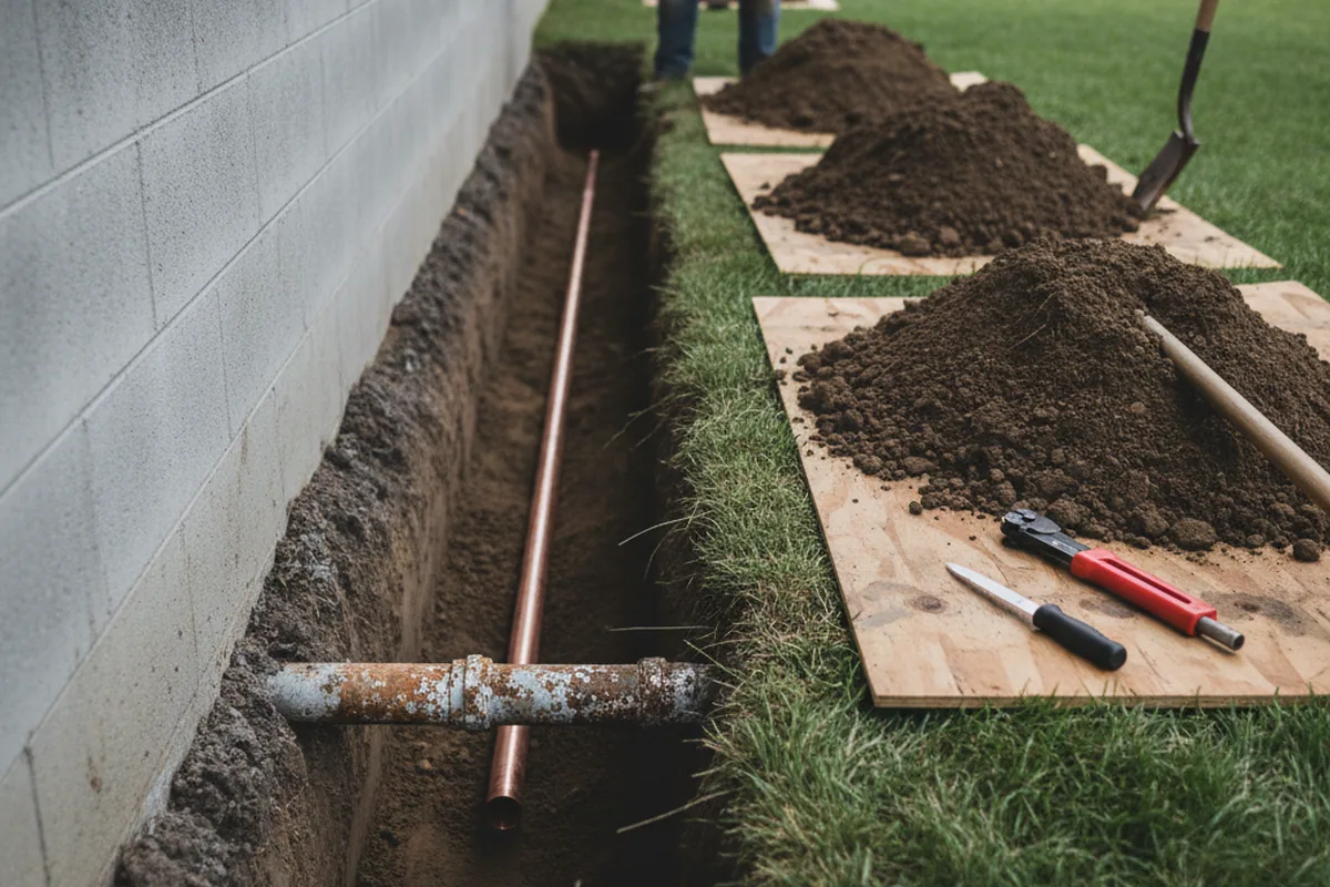 Excavated water line trench during Water Heater Repair in Waelder